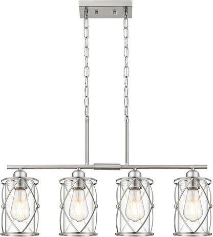 4-Light Kitchen Island Lighting, Modern Brushed Nickel Dining Room Light Fixtures with Clear Glass, Farmhouse Industrial Linear Chandelier Pendant Light with Adjustable Chain, CH9176BN-4IS