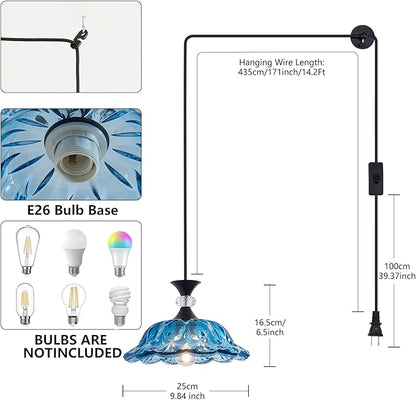 Plug in Black Pendant Light Plugin Kitchen Blue Glass Pendant Lighting Fixtures with Cord Switch Vintage Hanging Lamp for Island Dining Table Bedroom Living Room