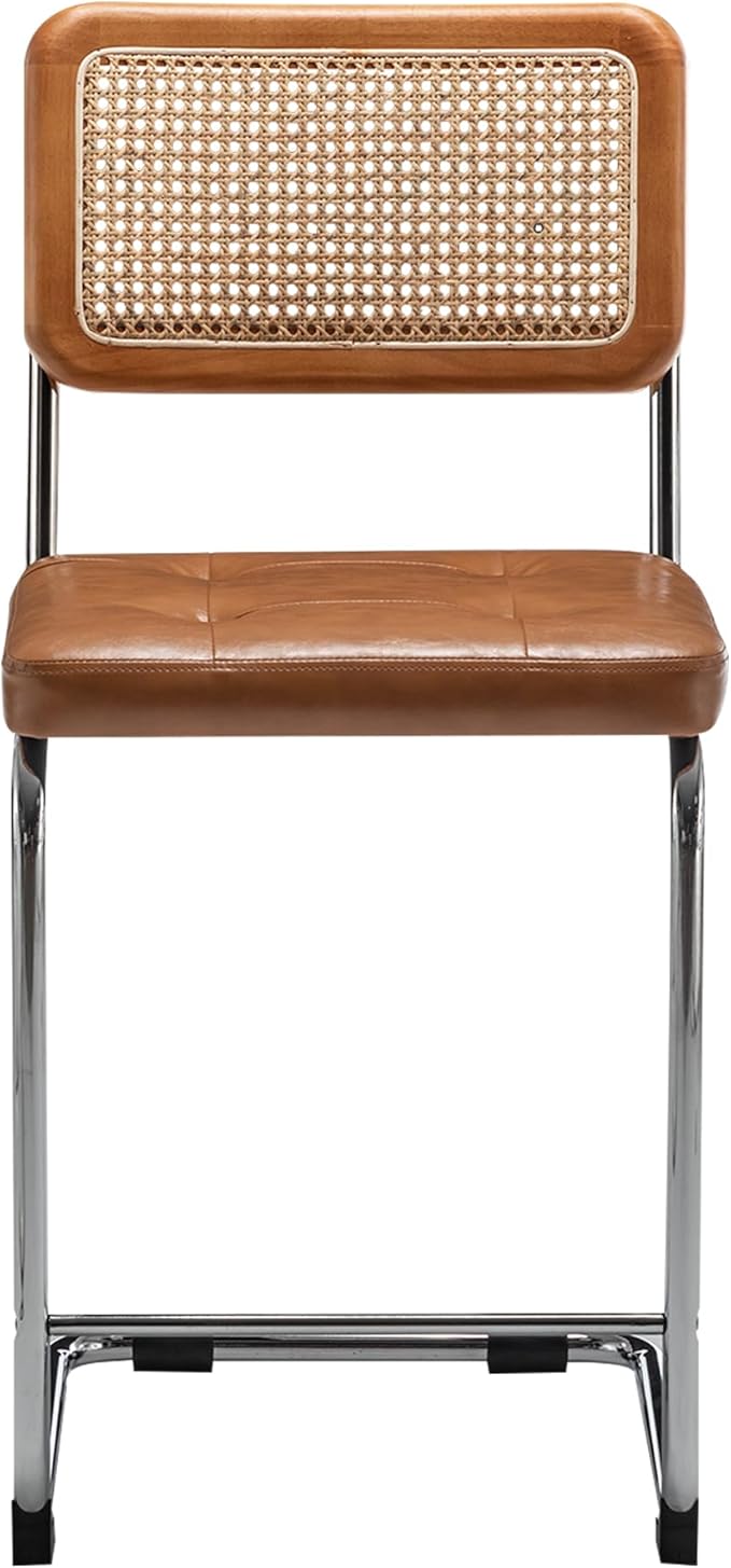Alunaune 24inch Mid Century Brown Bar Stools Set of 2, Natural Rattan Counter Height Bar Stools Kitchen Chairs Modern Side Dining Chairs-PU Seat
