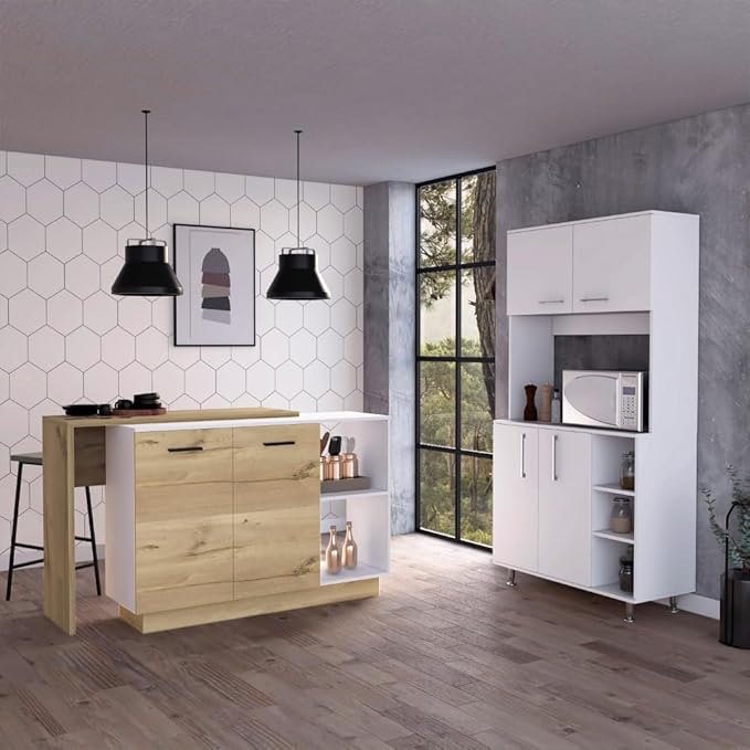 6 Shelf 6 Door 2 Kitchen Set, Kitchen Island and Cabinet White and Light Oak