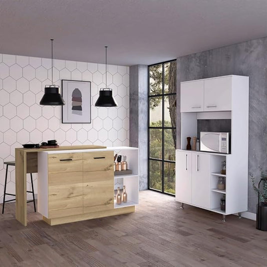 GOWE Dorchester 6-Shelf 6-Door 2-Piece Kitchen Set, Kitchen Island and Pantry Cabinet White and Light Oak