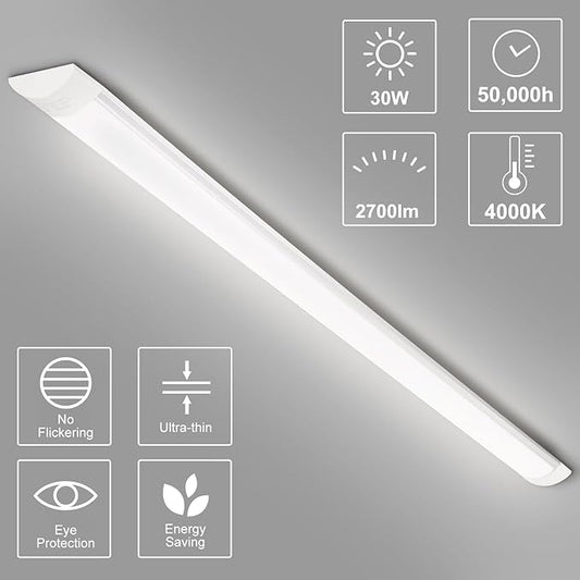 4-Pack 3FT LED Batten, Close to Ceiling Light fixtures, 30W, Ultra-Thin Day Light, 4000K, IP20, LED Ceiling Light for Garage, Stores, Warehouse, Office, Corridor, supermarkets, etc.