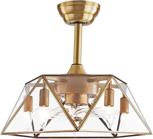 OUKANING Caged Fandelier Ceiling Fan with Light, Golden Ceiling Fans with Remote Control & Noiseless 35db - Farmhouse Rustic Bladeless Ceiling Fans Chandelier Retro Lighting Fixture (Pentagram)