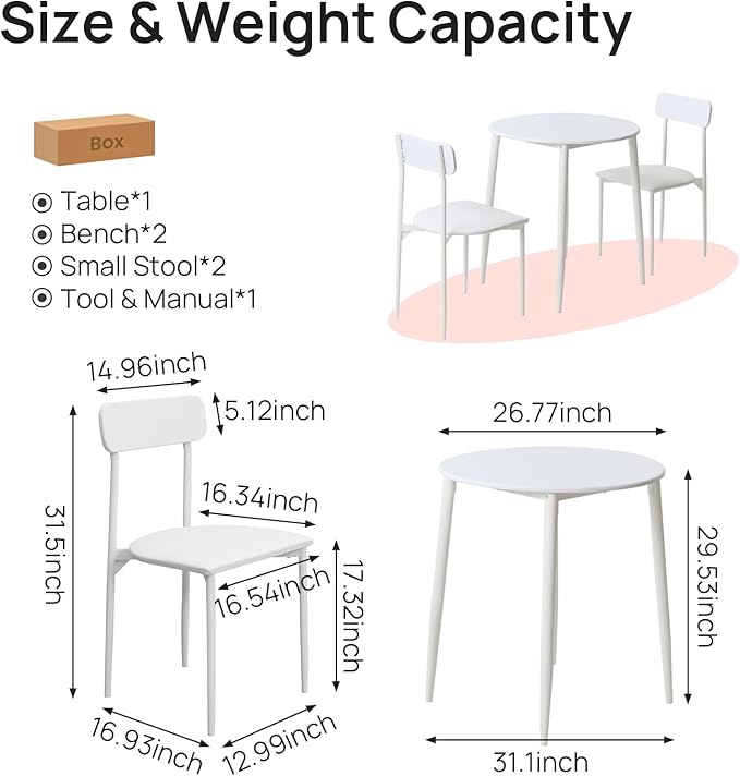 Walsport Round Dining Table Set for 2, 3-Piece Wood Tabletop Samill Kitchen Table and Chairs with Strong Metal Frame, Space-saving Modern Dinette with Chairs for Living Room, Apartment, Office (White)