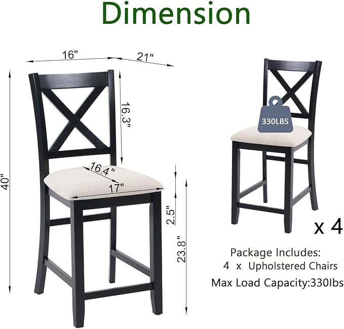 Counter Height Dining Chairs Set of 4, X-Back Kitchen Bar Stools with Padded Seat, Black Wooden Frame with Beige Linen Fabric, Ergonomic Chairs for Kitchen Island, Home Bar