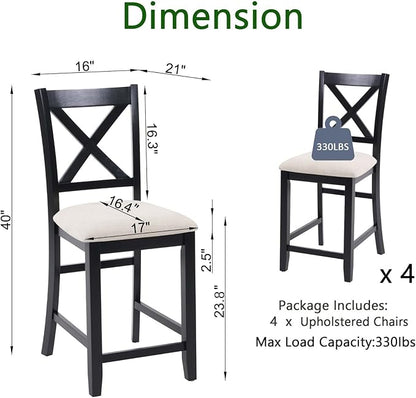 Counter Height Dining Chairs Set of 4, X-Back Kitchen Bar Stools with Padded Seat, Black Wooden Frame with Beige Linen Fabric, Ergonomic Chairs for Kitchen Island, Home Bar