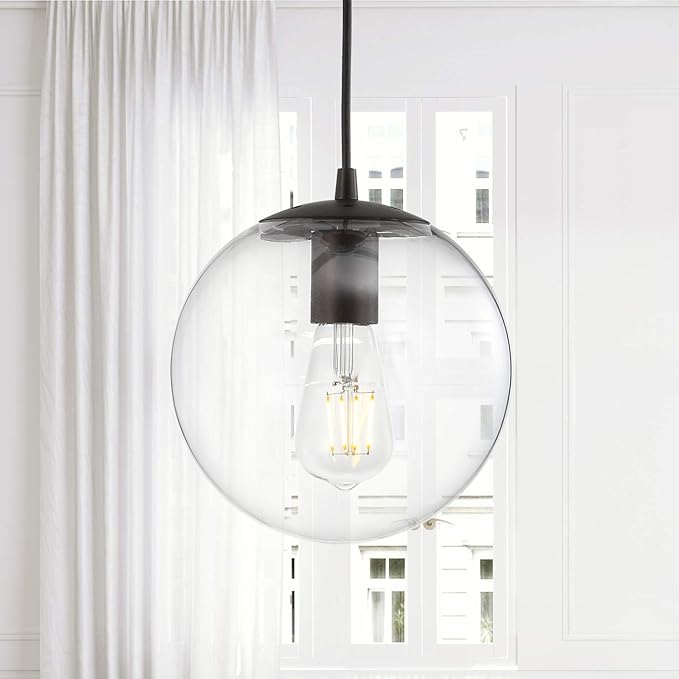 JONATHAN Y 7.75" Clear/Oil Rubbed Bronze Modern Globe LED Pendant Light, Industrial Hanging Ceiling Lamp for Kitchen Island, White Glass Globe Shade, LED Bulb Included (JYL9528D)