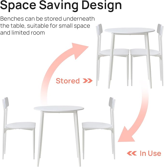Walsport Round Dining Table Set for 2, 3-Piece Wood Tabletop Samill Kitchen Table and Chairs with Strong Metal Frame, Space-saving Modern Dinette with Chairs for Living Room, Apartment, Office (White)