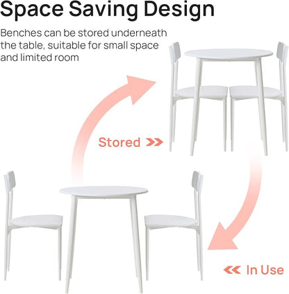 Walsport Round Dining Table Set for 2, 3-Piece Wood Tabletop Samill Kitchen Table and Chairs with Strong Metal Frame, Space-saving Modern Dinette with Chairs for Living Room, Apartment, Office (White)