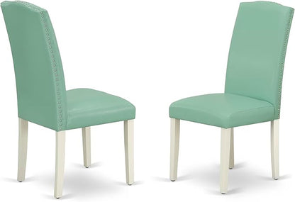 East West Furniture ENP2T57 Encinal Parson Kitchen Chairs - Nailhead Trim Pond Faux Leather Padded Dining Chairs, Set of 2, Linen White