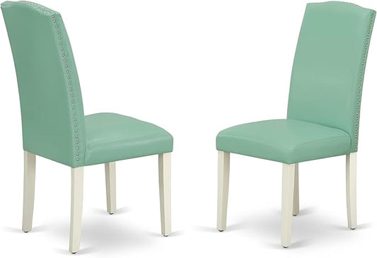 East West Furniture ENP2T57 Encinal Parson Kitchen Chairs - Nailhead Trim Pond Faux Leather Padded Dining Chairs, Set of 2, Linen White