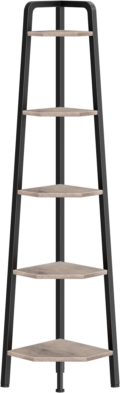 CHOEZON Corner Shelf, 5-Tier Ladder Corner Shelf, Ladder Bookshelf, 59.6" Tall Vertical Display Stand, Metal Frame Bookshelf, for Living Room, Bedroom, Kitchen, Greige and Black TCJ20BG
