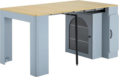 RuiSiSi 15.6”-59”L Extendable Dining Table, Modern Expandable Wooden Kitchen Table with 3 Removable Middle Leaves, Rolling Island Table with Power Outlet, Saving-Space Cabinet, Grey-Blue+Natural