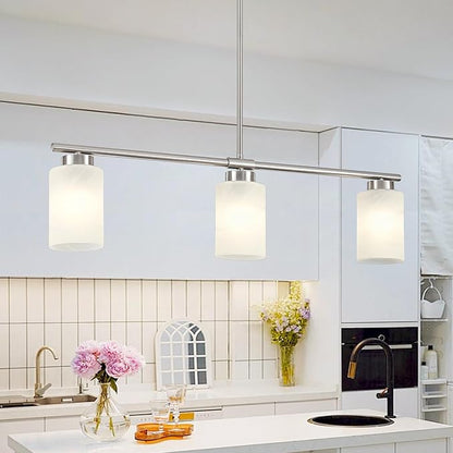 3-Light Kitchen Island Lighting Brushed Nickel Dining Room Light Fixture with Milk Glass Shade 31" Modern Linear Chandelier Adjustable Hanging Pendant Lighting Over Island Dining Table Living Room，E26