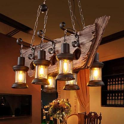 A Million Industrial Wooden Pendant Light, Vintage Retro Hanging Chandelier 6 E26 Bulb Sockets for Farmhouse Kitchen Island Bar Retro Ceiling Light Height Adjustable Fixture