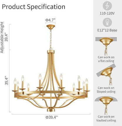 WUZUPS 12-Light Wagon Wheel Metal Candle Chandelier Round Pendant Ceiling Lighting Rustic Farmhouse Fixture Kitchen Island Dining Room, H 39.4" W10, E12 Base, Gold