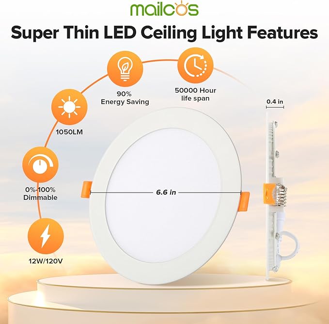 MAILCOS 12 Pack 6 Inch 5CCT Ultra-Thin LED Recessed Ceiling Light with Junction Box, 2700K-5000K Selectable, 1050LM High Brightness, Dimmable Canless Wafer Downlight, 12W 120V, ETL