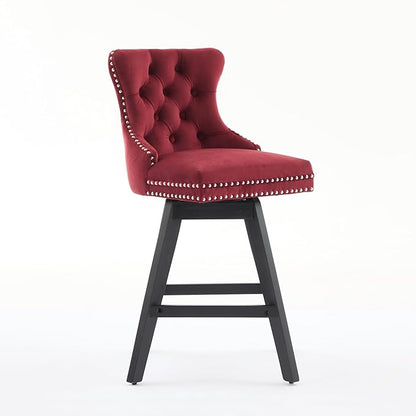 Swivel Velvet Bar Stools Set of 2 Wine Red | 360° Swivel Counter Chairs with Button Tufting, Padded Foam and Spring Seat, Curved Back Support, Solid Rubber Wood Legs for Kitchen Island