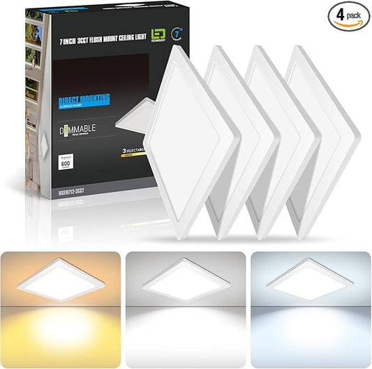 mw 4 Pack 7 Inch Square LED Flush Mount Ceiling Light, White Slim LED Ceiling Lights, Dimmable 12W, 120V, 3000K/4000K/5000K, for Bedroom, Kitchen, Bathroom, ETL Listed, Each Side is 6.38"