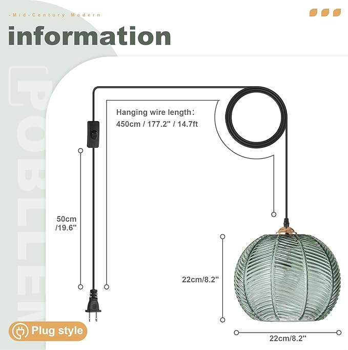 Plug in Pendant Light Set of 2, 8.6" Hand Blown Ribbed Glass Hanging Lamp, Mid Century Modern Ceiling Hanging Lights with Cord for Bedroom, Dining Room, Kitchen