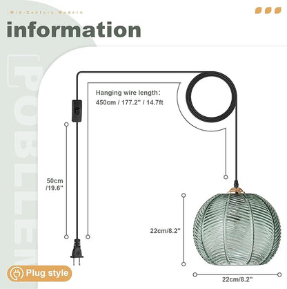 Plug in Pendant Light Set of 2, 8.6" Hand Blown Ribbed Glass Hanging Lamp, Mid Century Modern Ceiling Hanging Lights with Cord for Bedroom, Dining Room, Kitchen