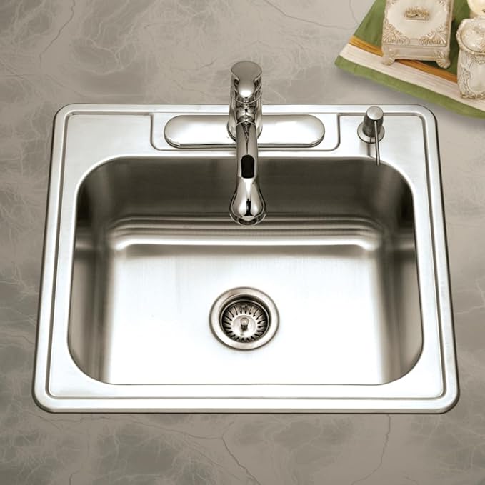 Houzer Glowtone 25 Inch Stainless Steel Topmount 4-Hole Single Bowl 8 Inch Deep Kitchen Sink - 2522-8BS4-1
