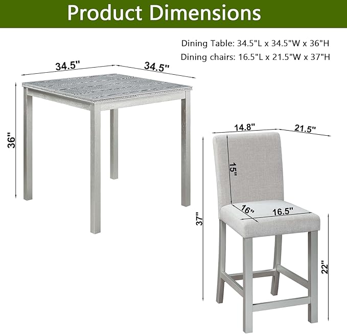 5 Piece Counter Height Dining Table Set for 4, Elegant Wooden Kitchen Table and 4 Upholstered Chairs with Crystal Decoration, Square Dining Table Set for Kitchen and Dining Room, Silver Grey