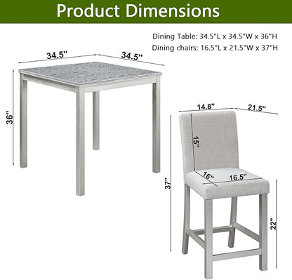 5 Piece Counter Height Dining Table Set for 4, Elegant Wooden Kitchen Table and 4 Upholstered Chairs with Crystal Decoration, Square Dining Table Set for Kitchen and Dining Room, Silver Grey