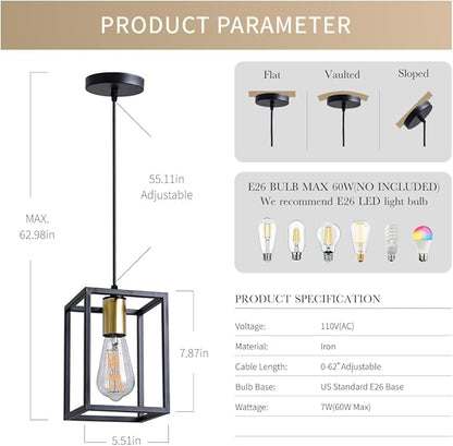 3 Pack Farmhouse Black and Gold Pendant Lights, Hanging Lamps for Living Room Entryway Foyer Indoor, Cage Lantern Kitchen Island Dining Room Light Fixture, Modern Matte Black Industrial Iron Light