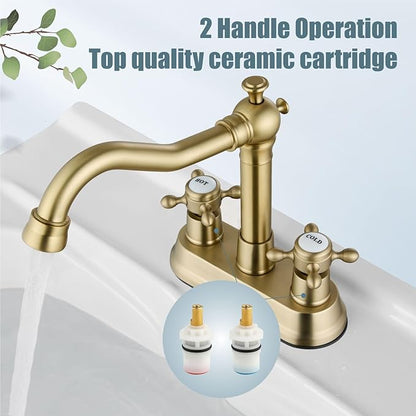 Aolemi 4 Inch Centerset Bathroom Sink Faucet Vintage 2 Cross Handle RV Mixer Tap Basin Vanity Lavatory Utility for Sink 3 Hole Include Hoses Pop Up Drain Faucet Handle with Label Brushed Gold