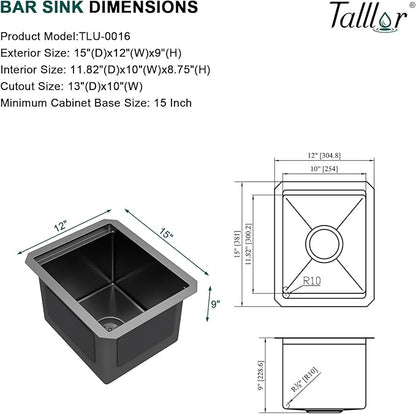 12 x 15 Inch Undermount Bar Sink, Workstation 16 Gauge 304 Stainless Steel Single Bowl Wet Prep Sink, Gunmetal Black, for Small Space, Kitchen Bar, Boat, and RV #TLU-0016