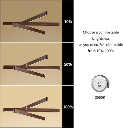 YISDESIGN 3-Light Linear Pendant,Dining Room Light Fixture,Modern Led Chandeliers for Living Room,Dimmable Wood Ceiling Pendant Light,45W for Living Room,Dining Room,Kitchen Island,Walnut Color