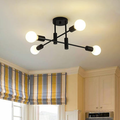 Garwarm Black Semi Flush Mount Ceiling Light Fixture, 4-Light Modern Industrial Sputnik Chandelier Light Fixture, Flush Mount Ceiling Lamp for Kitchen Dining Room Bedroom Foyer Entryway Hallway Closet
