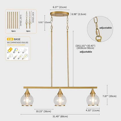 Island Light for Kitchen, 3-Light Gold Kitchen Island Linear Hanging Pendant Chandeliers, Brushed Gold Dining Room Light Fixture Over Table with Clear Round Glass Shades