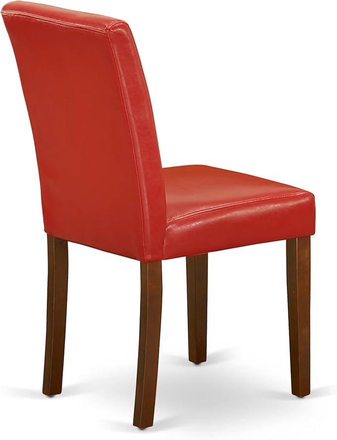 East West Furniture ABP3T72 Abbott Parsons Dining Chairs - Firebrick Red Faux Leather Padded Chairs, Set of 2, Mahogany