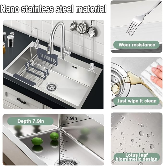 31.5 * 17.7in Drop In Kitchen Sink,Silver Gray Stainless Steel Single Bowl Sink,Topmount Workstation Sink With Pull Out Faucet,Soap Dispenser And Drain Basket