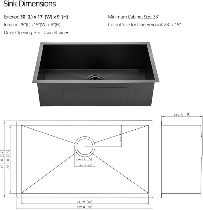 30 Black Stainless Steel Undermount Kitchen Sink, Luckyhorse 30" x 17" x 9" 18 Gauge Gunmetal Black Stainless Steel Undermount Kitchen Sink LH025SQ