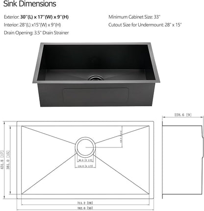30 Black Stainless Steel Undermount Kitchen Sink, Luckyhorse 30" x 17" x 9" 18 Gauge Gunmetal Black Stainless Steel Undermount Kitchen Sink LH025SQ