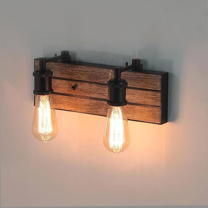 LOG BARN Farmhouse Bathroom Light Fixtures, 2 Light Vanity Lights for Bathroom, 13.8-Inch Rustic Faux Wood Bathroom Lighting Lights Over Mirror