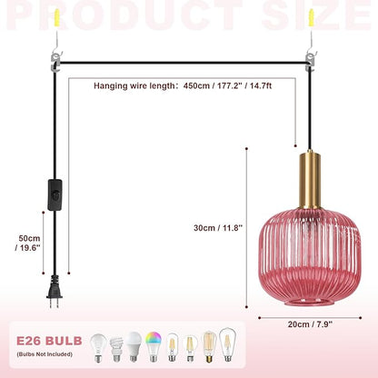 Hanging Pendant Light Plug in 2 Pack, Mid Century Modern Gold Hanging Lights with 14.75Ft Plug in Cord, Pink Striped Glass Ceiling Hanging Lamp for Kitchen Dining Room Living Room Bedroom