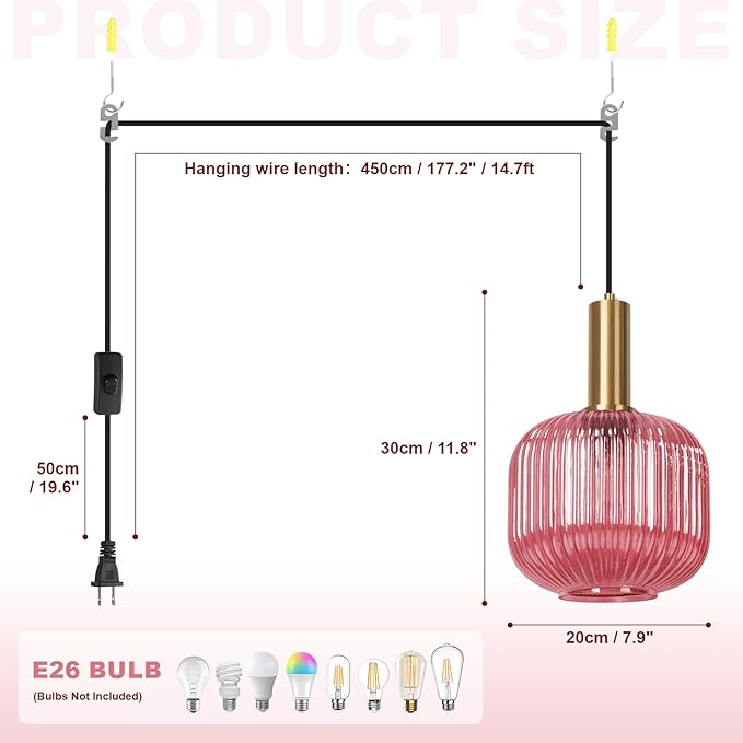 Pink Pendant Light Plug in Glass Chandelier Lighting Vintage Gold Hanging Lamp Plug in Light Fixtures Ceiling Hanging Lights with Long Cord for Living Room Dining Room Bedroom Kitchen Island