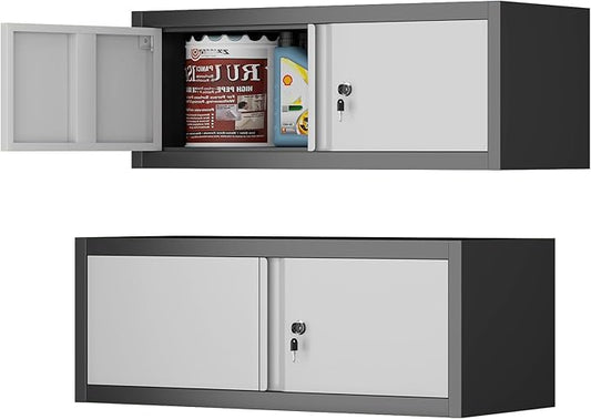 IRONFFICE Metal Wall Cabinet with Doors,Garage Storage Cabinet Wall Mounted,Lockable Cabinets for Home Office,Garage,Warehouse,Grey-Black