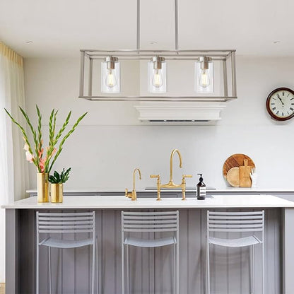 VINLUZ 3 Light Linear Chandeliers Brushed Nickel with Clear Glass Shade Modern Kitchen Island Pendant Dining Room Light Fixture Hanging Farmhouse Ceiling Light for Living Room Bar