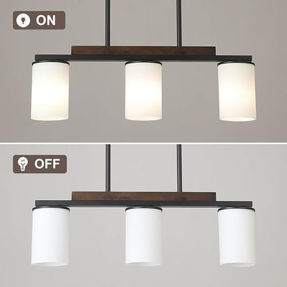 Mecgirn Farmhouse Dining Room Light Fixtures Over Table, Black Pendant Lights for Kitchen Island with Milk Glass Shade, 3 Light Linear Chandelier Lighting with Wood