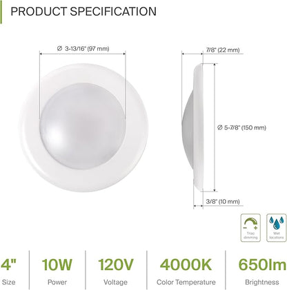 ASD 6 Pack LED Disk Lights 4 Inch, 10W 4000K Cool White 650LM CRI90+, Dimmable Flush Mount Ceiling Light Fixture, Low Profile Surface Mount Disc, Junction Box or Recessed Can Install, ETL