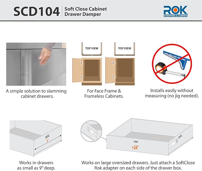 2-Pack Rok Hardware Soft Close for Wood Drawers/Soft Close Drawer Adapter/Add-On/Retrofit (Gray), SCD104G