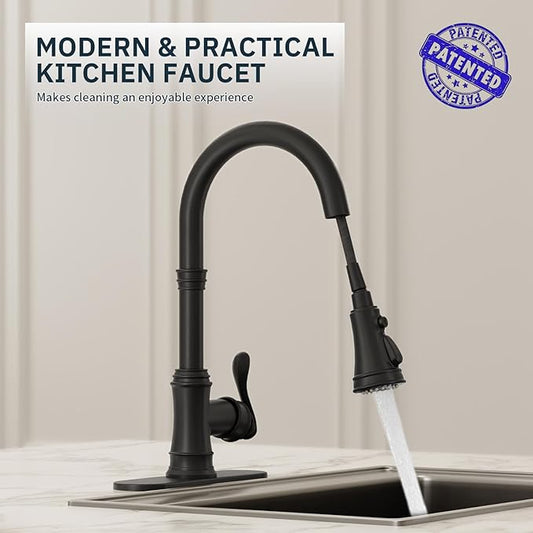 BWE Black Kitchen Faucet with Pull Down Sprayer, Solid Brass High Arc Single Handle Sink Faucet for Farmhouse Kitchen, 3 Spray Modes