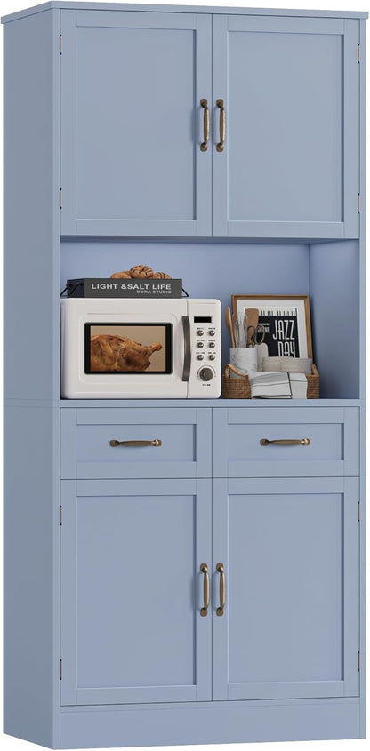 HOSTACK 71" Tall Kitchen Pantry Storage Cabinet, Modern Kitchen Hutch Bar Cabinet with Microwave Stand, Wood Buffet Sideboard with Hutch, Cupboard with Drawers, Shelves for Dining Room, Light Blue