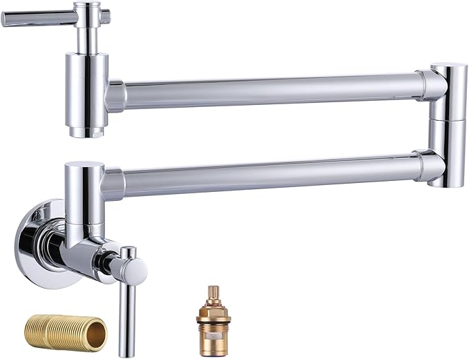 Wall Faucet, Pot Fillers Wall Mount for Kitchen, Solid Copper Chrome Pot Filler Single Hole Folding Faucet with Double Joint Swing Arm Pot Filler Over Stove