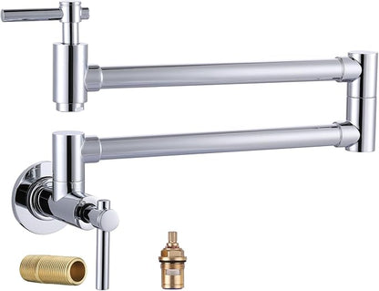Wall Faucet, Pot Fillers Wall Mount for Kitchen, Solid Copper Chrome Pot Filler Single Hole Folding Faucet with Double Joint Swing Arm Pot Filler Over Stove